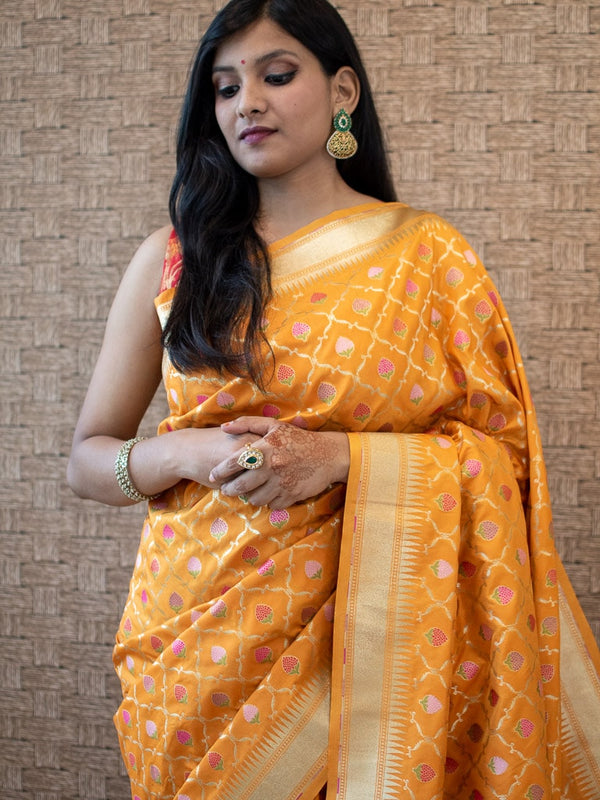 Banarasi Handloom Art Katan Silk Saree With Meena Jaal Weaving-Yellow