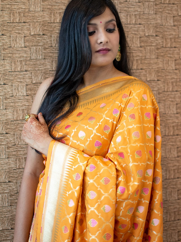 Banarasi Handloom Art Katan Silk Saree With Meena Jaal Weaving-Yellow