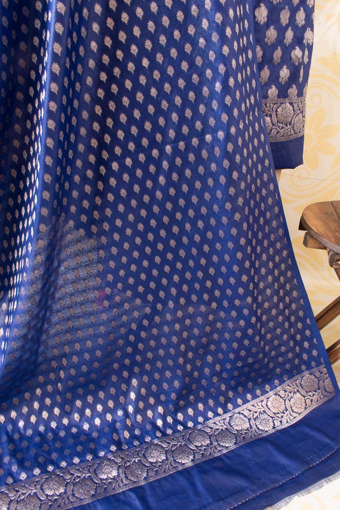 Banarasi Salwar Kameez Soft Cotton Zari Buti Fabric With Dupatta-Deep Blue