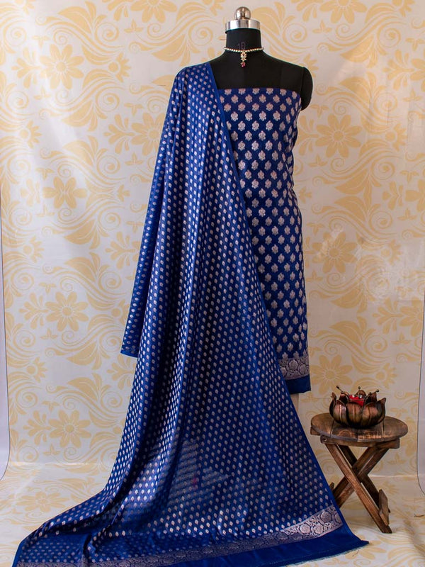 Banarasi Salwar Kameez Soft Cotton Zari Buti Fabric With Dupatta-Deep Blue
