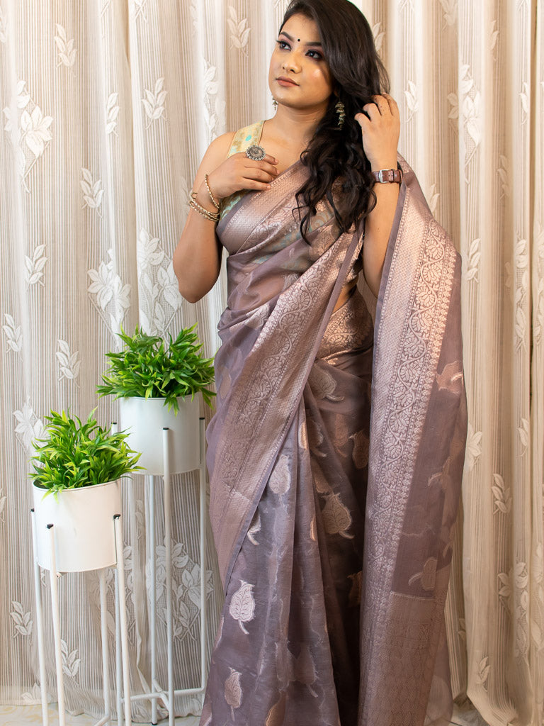 Banarasi Organza Mix Saree With Leaf Buti Weaving -Grey