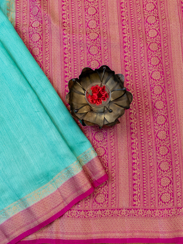 Banarasi Handwoven Pure Muga Silk Saree With Antique Resham Border-Turquoise Blue