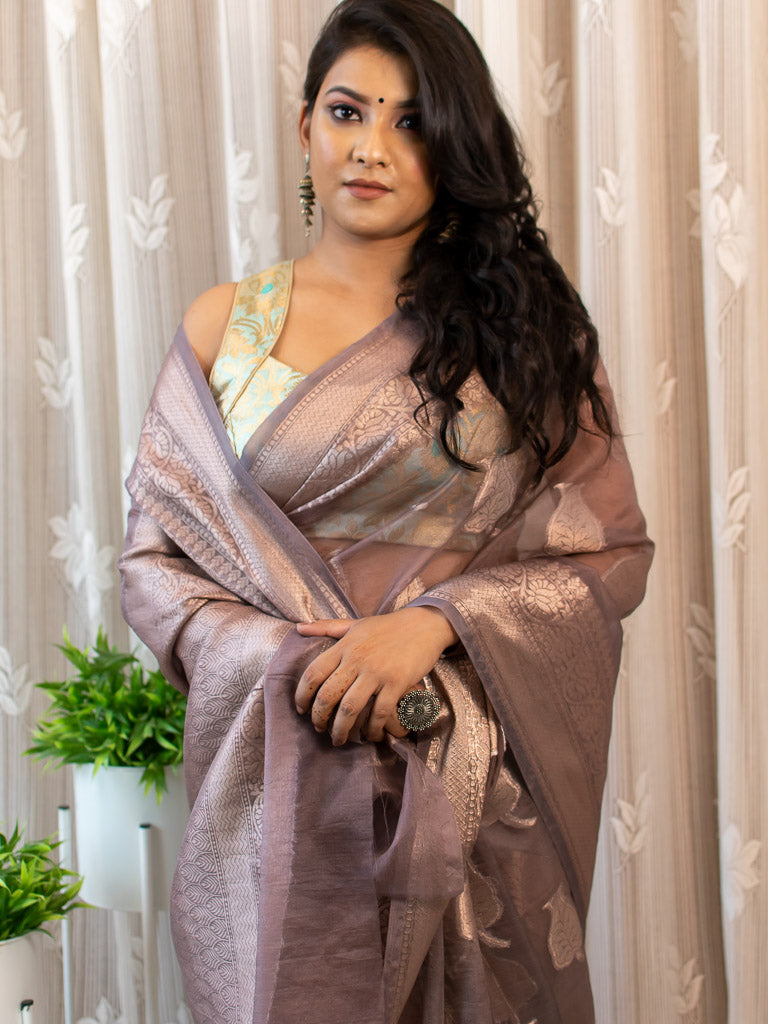 Banarasi Organza Mix Saree With Leaf Buti Weaving -Grey