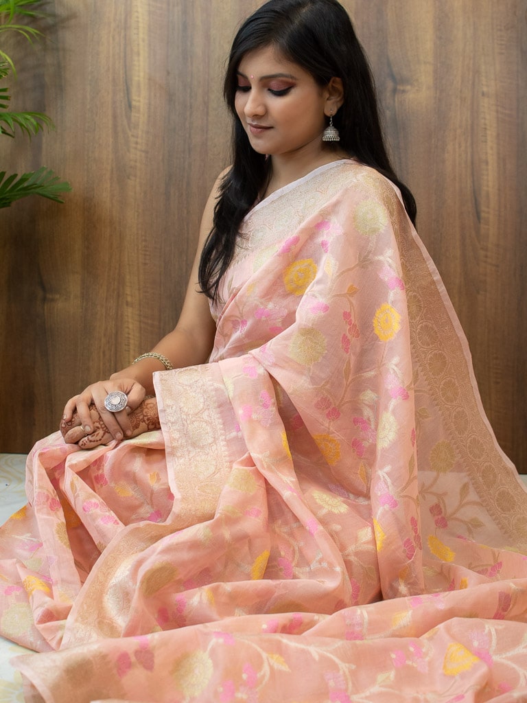 Banarasi Cotton Silk Resham & Zari Multi Coloured Jaal Weaving Saree-Pink