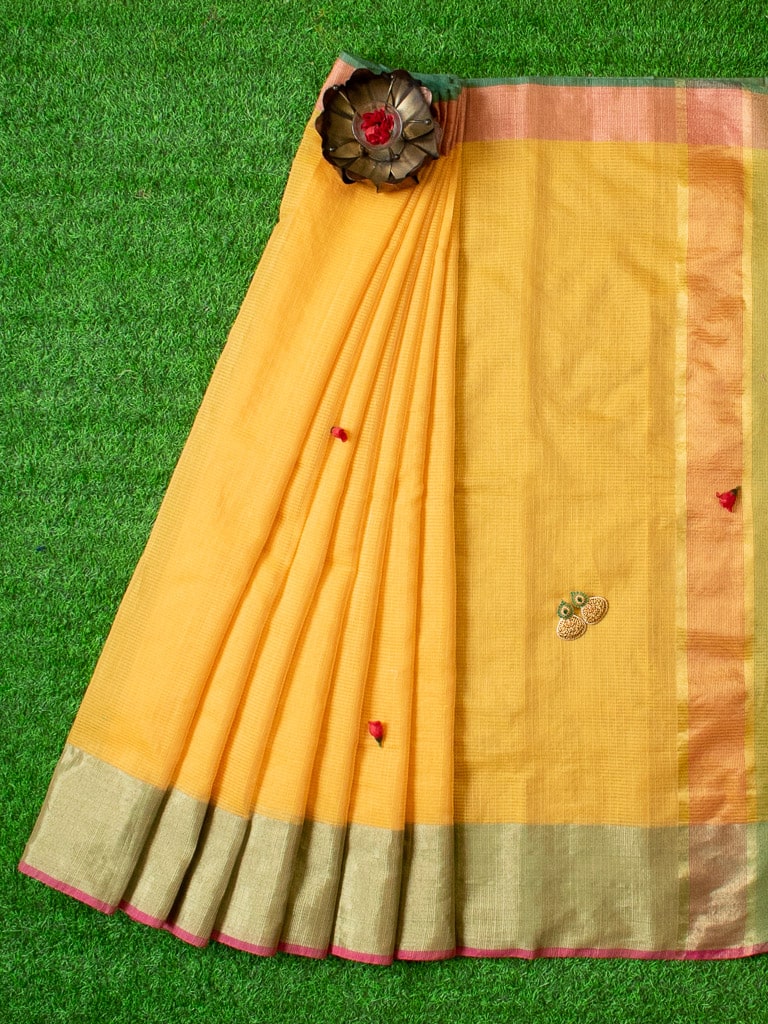 Banarasi Cotton Silk Saree Plain Body With Antique Zari Border-Yellow