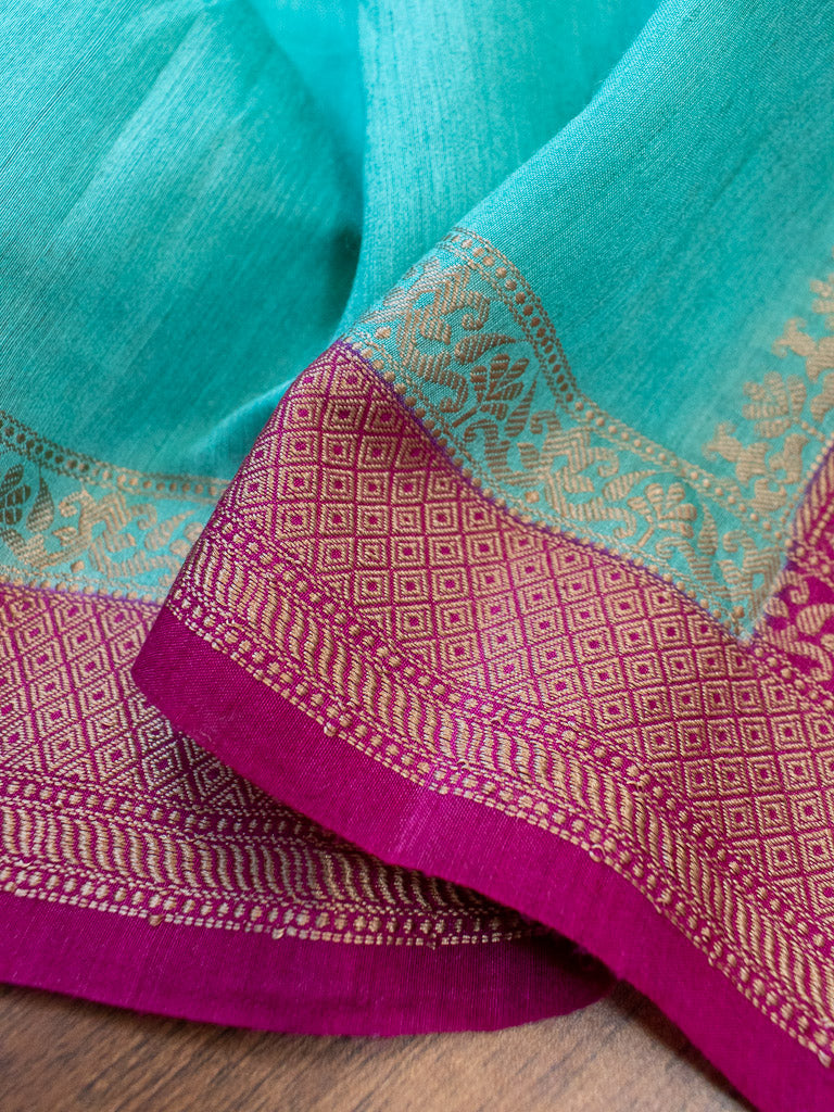 Banarasi Handwoven Pure Muga Silk Saree With Antique Resham Border-Turquoise Blue