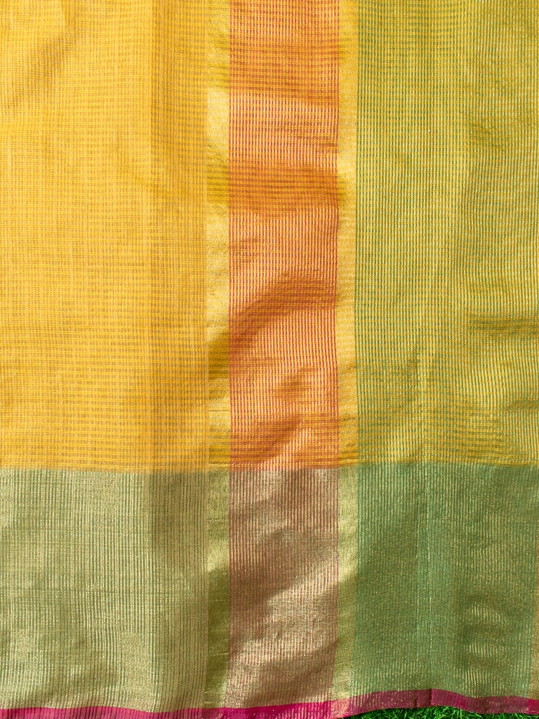 Banarasi Cotton Silk Saree Plain Body With Antique Zari Border-Yellow