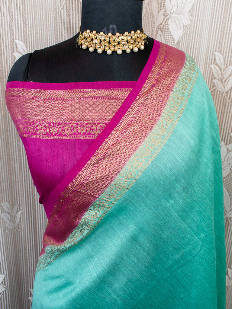 Banarasi Handwoven Pure Muga Silk Saree With Antique Resham Border-Turquoise Blue