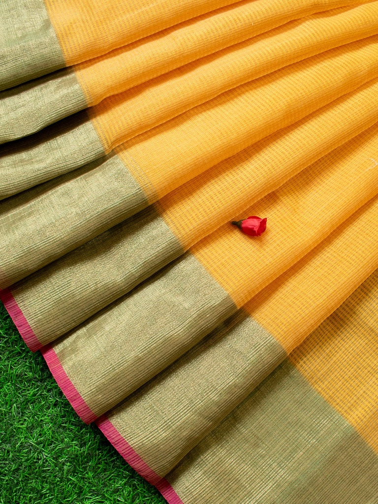 Banarasi Cotton Silk Saree Plain Body With Antique Zari Border-Yellow