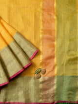 Banarasi Cotton Silk Saree Plain Body With Antique Zari Border-Yellow