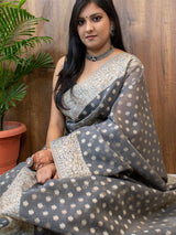 Banarasi Soft Cotton Resham Polka Dots Weaving Saree-Grey