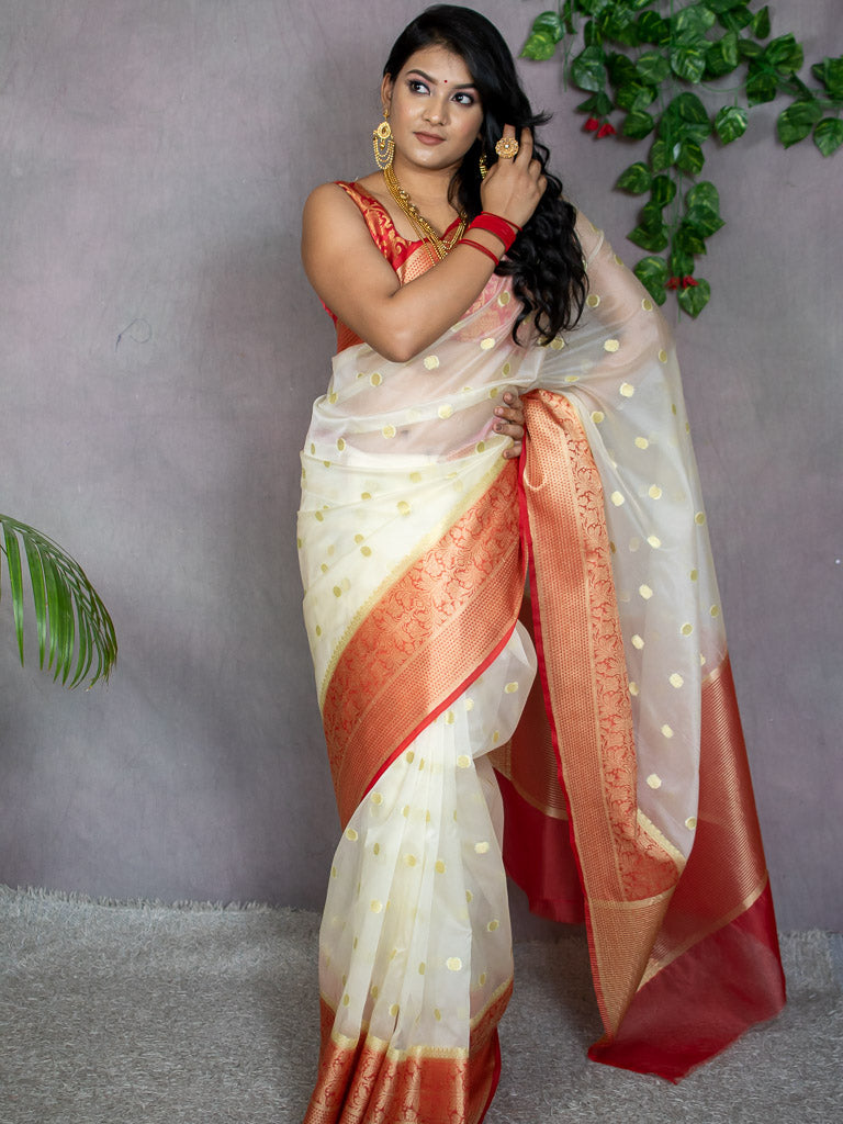 Banarasi Cotton Silk Saree With Zari Polka Dots Weaving & Contrast Border-White & red