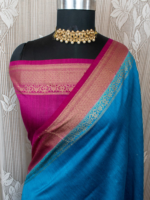 Banarasi Handwoven Pure Muga Silk Saree With Antique Resham Border-Blue & Deep Purple