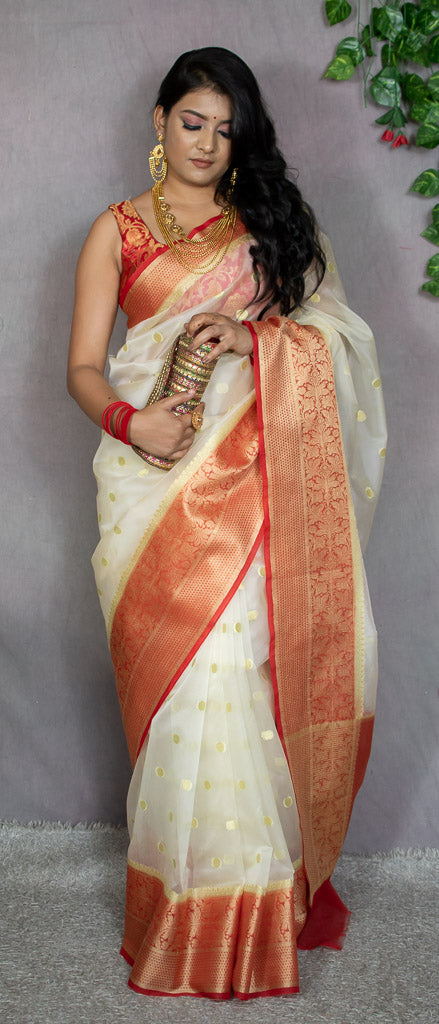 Banarasi Cotton Silk Saree With Zari Polka Dots Weaving & Contrast Border-White & red