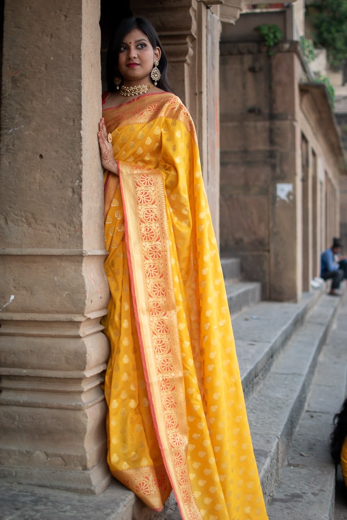 Banarasi Semi Silk Saree With Contrast Zari Buti Weaving Border-Yellow