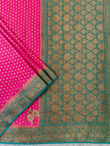 Banarasi Pure Georgette Saree With Antique Zari Buti Weaving & Contrast Border-Pink & Teal