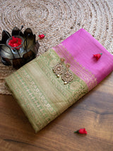 Banarasi Handwoven Pure Muga Silk Saree With Antique Resham Border-Pink