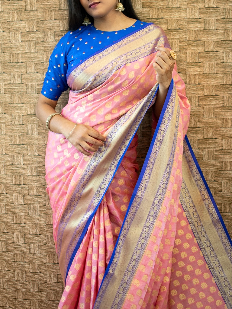 Banarasi Semi Silk Saree With Zari Buti Weaving & Contrast Border-Pink