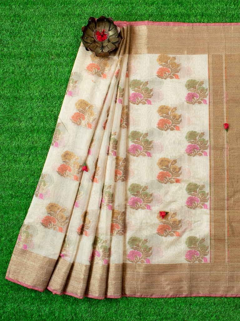 Banarasi Cotton Silk Saree With Resham & Meena Weaving Skirt Border-Beige