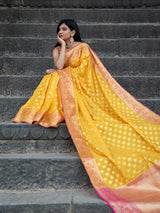 Banarasi Semi Silk Saree With Contrast Zari Buti Weaving Border-Yellow