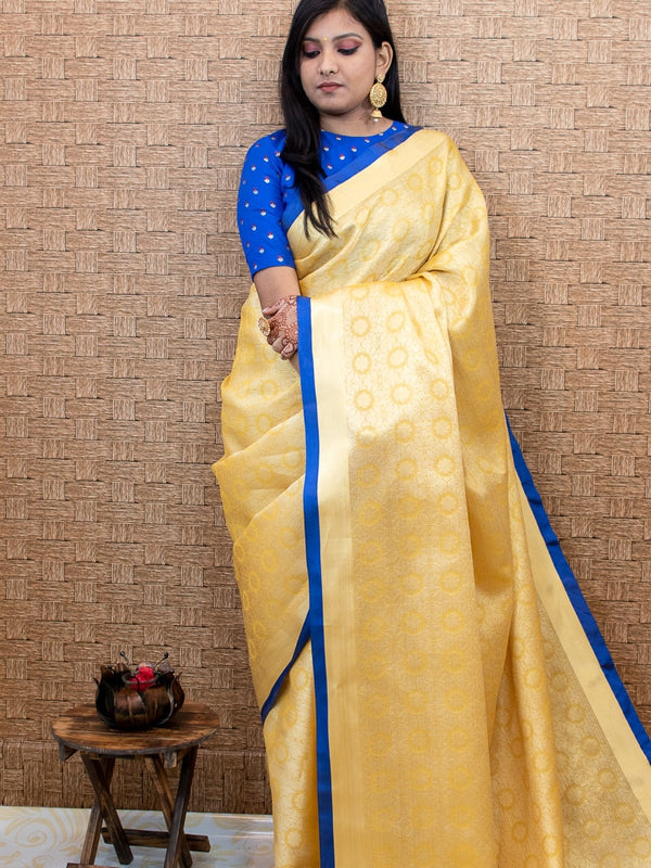 Banarasi Kora Muslin Saree With Tanchoi Weaving & Contrast  Border-Yellow