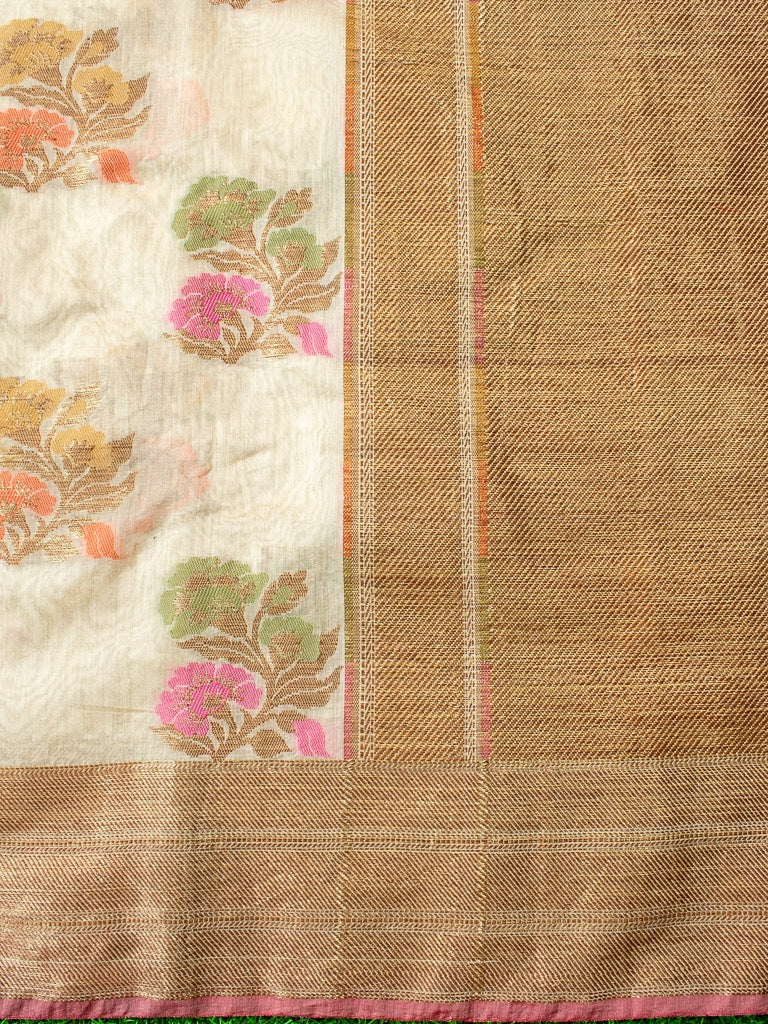 Banarasi Cotton Silk Saree With Resham & Meena Weaving Skirt Border-Beige