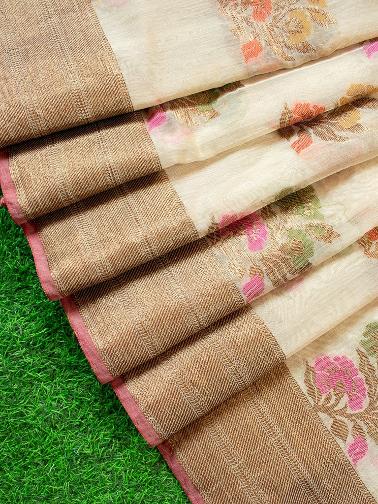 Banarasi Cotton Silk Saree With Resham & Meena Weaving Skirt Border-Beige