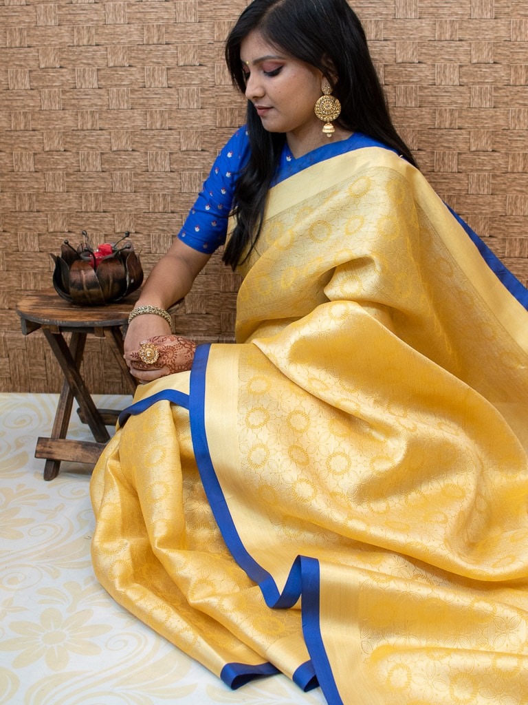 Banarasi Kora Muslin Saree With Tanchoi Weaving & Contrast  Border-Yellow