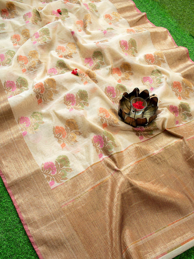 Banarasi Cotton Silk Saree With Resham & Meena Weaving Skirt Border-Beige