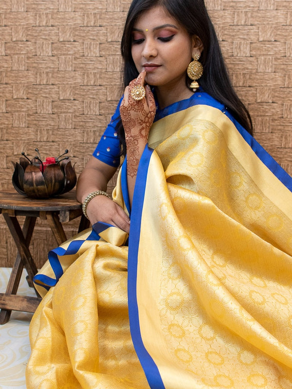 Banarasi Kora Muslin Saree With Tanchoi Weaving & Contrast  Border-Yellow