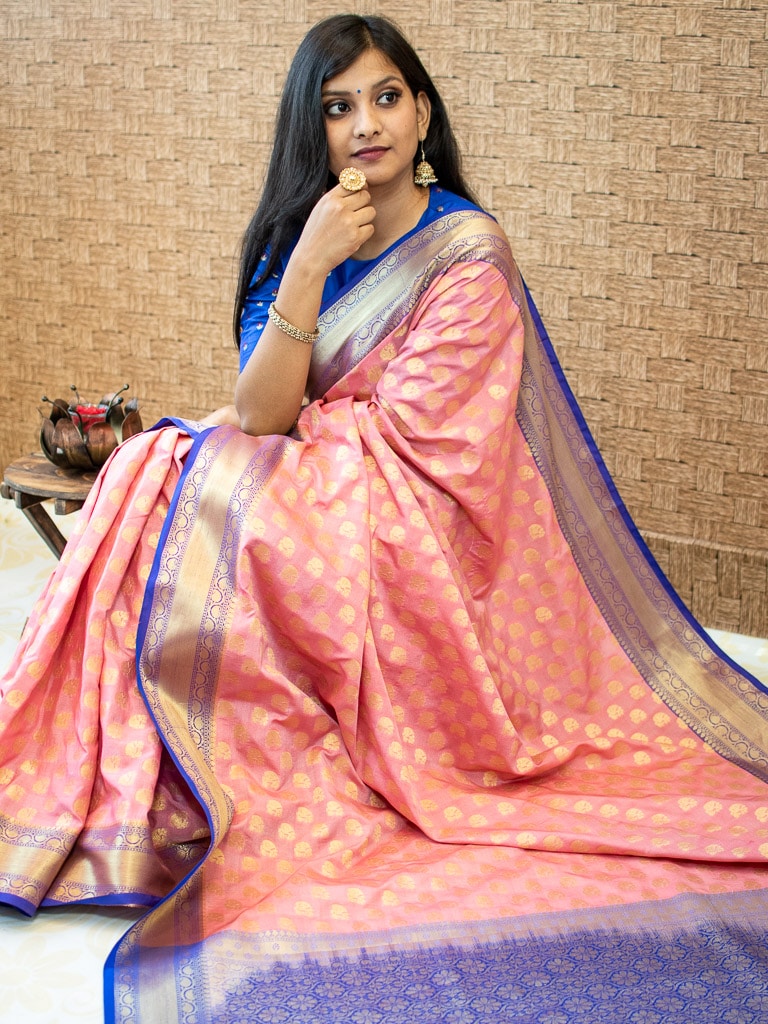 Banarasi Semi Silk Saree With Zari Buti Weaving & Contrast Border-Pink