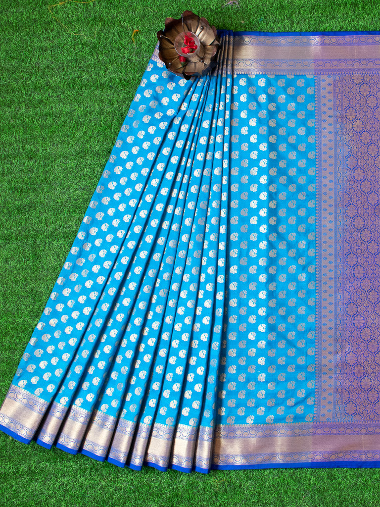 Banarasi Semi Silk Saree With Zari Buti Weaving Border-Blue