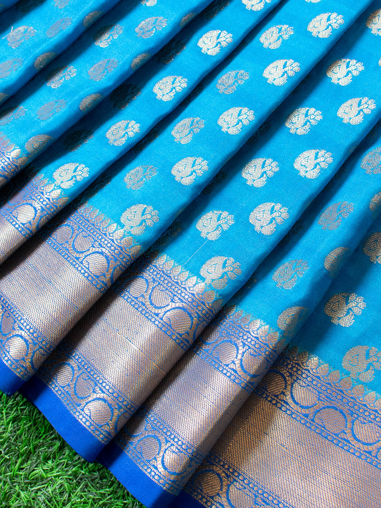 Banarasi Semi Silk Saree With Zari Buti Weaving Border-Blue