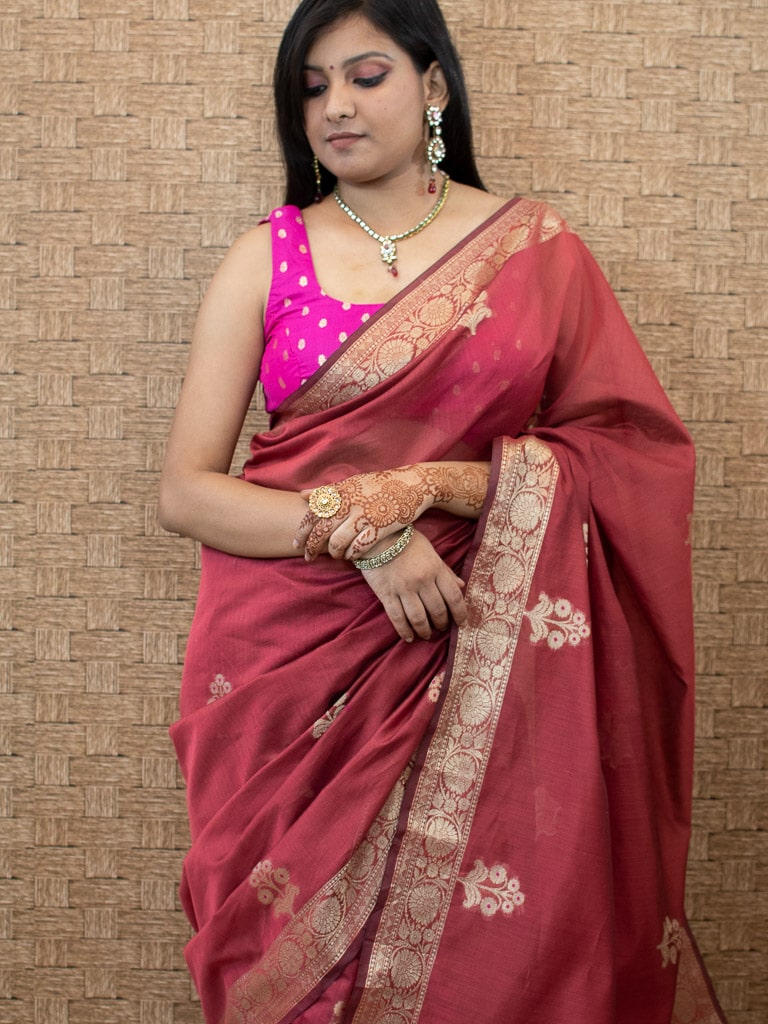 Banarasi Cotton Silk Saree With Zari & Meena Weaving Border-Red