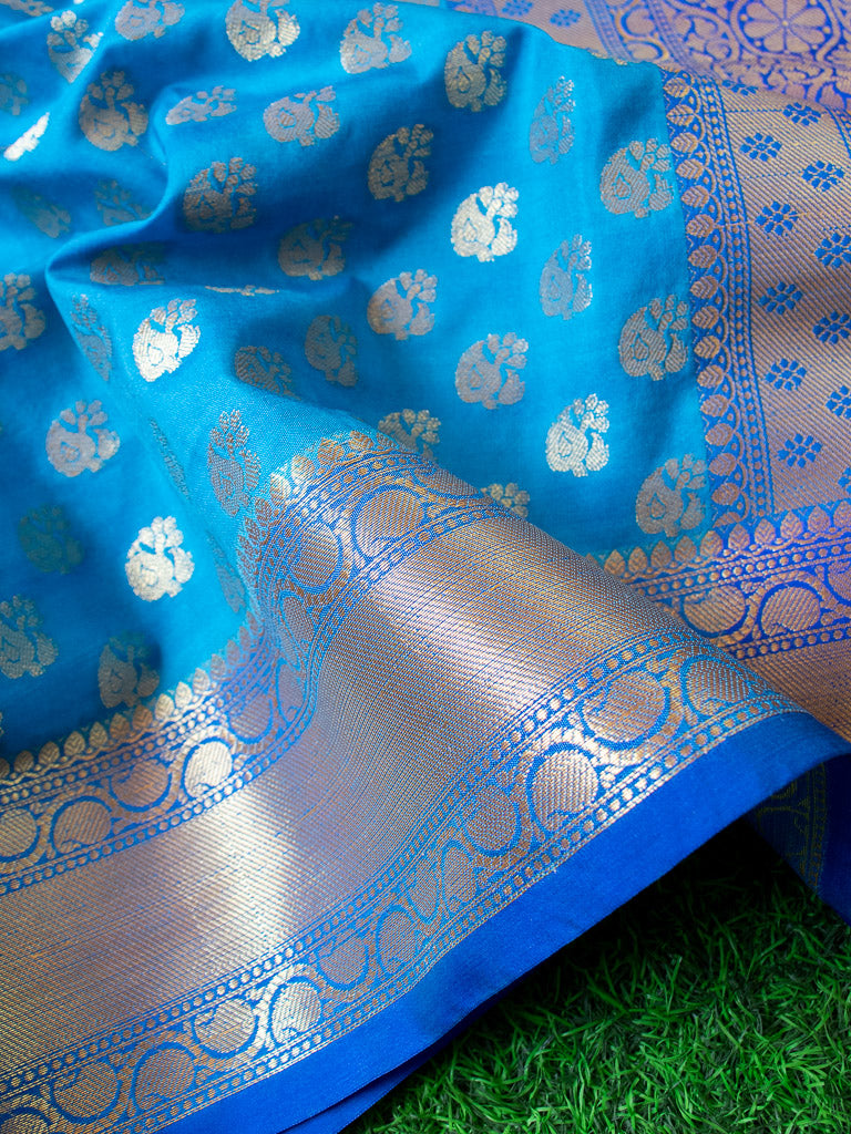 Banarasi Semi Silk Saree With Zari Buti Weaving Border-Blue