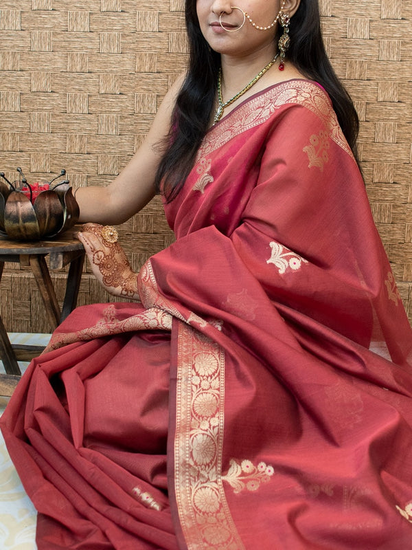 Banarasi Cotton Silk Saree With Zari & Meena Weaving Border-Red