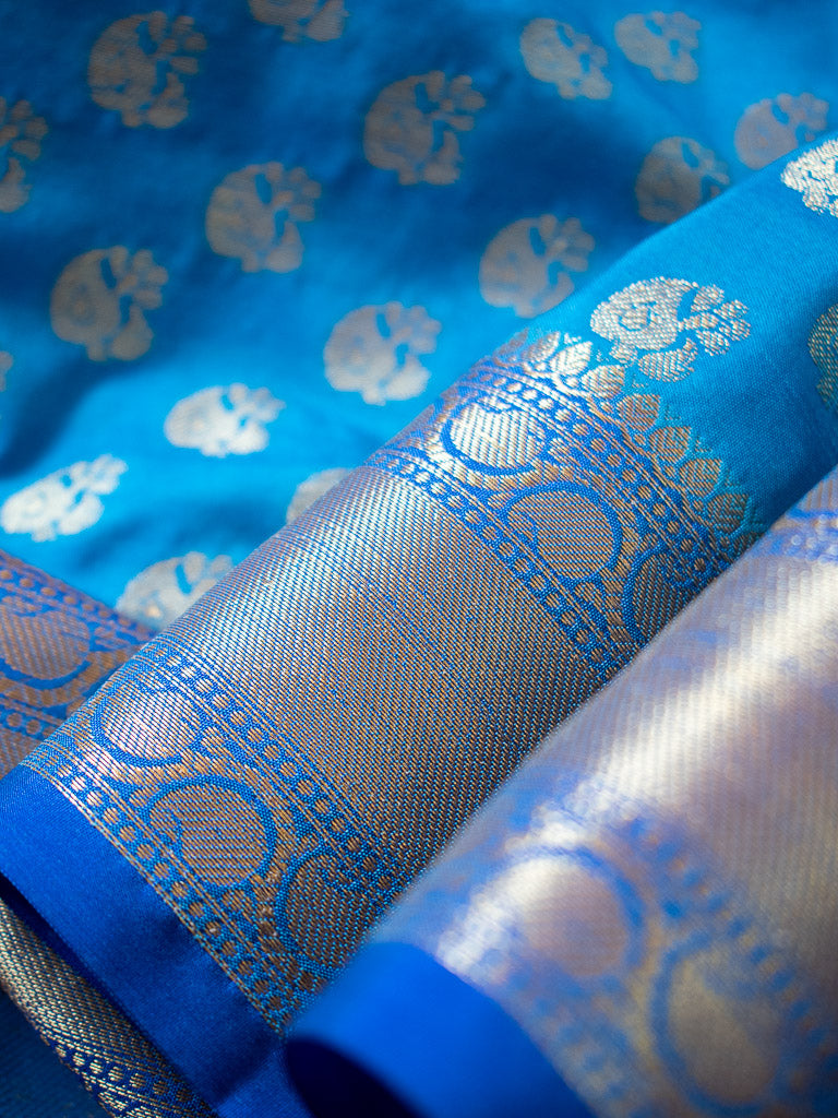 Banarasi Semi Silk Saree With Zari Buti Weaving Border-Blue