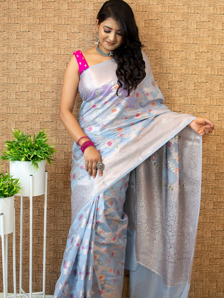 Banarasi Semi Silk Saree With Jaal Zari & Meena Weaving-Powder Blue