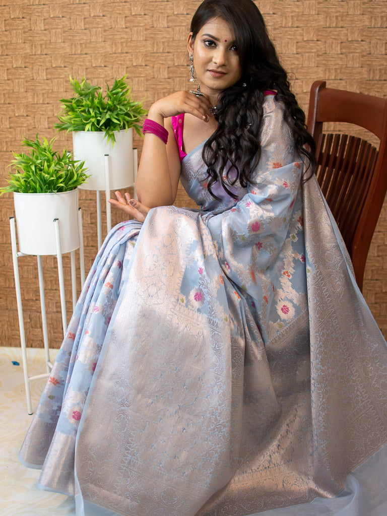 Banarasi Semi Silk Saree With Jaal Zari & Meena Weaving-Powder Blue