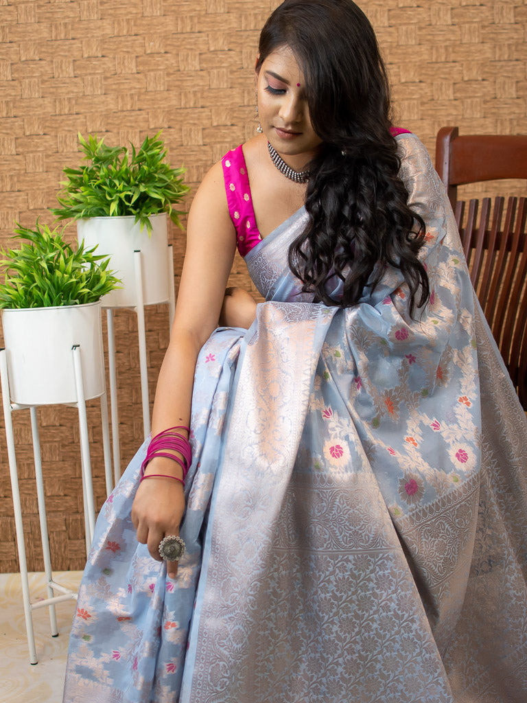 Banarasi Semi Silk Saree With Jaal Zari & Meena Weaving-Powder Blue