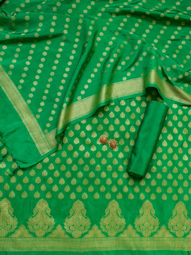 Banarasi Semi Silk Salwar Kameez Fabric With Zari Weaving-Green