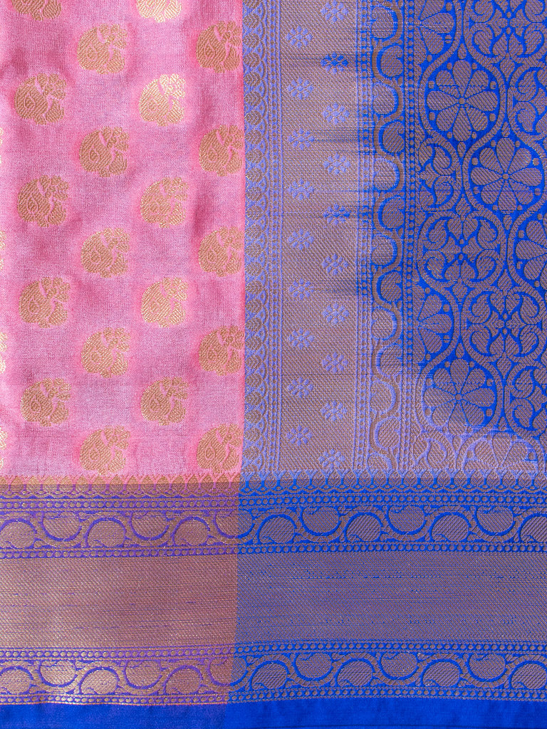 Banarasi Semi Silk Saree With Zari Buti Weaving & Contrast Border-Pink