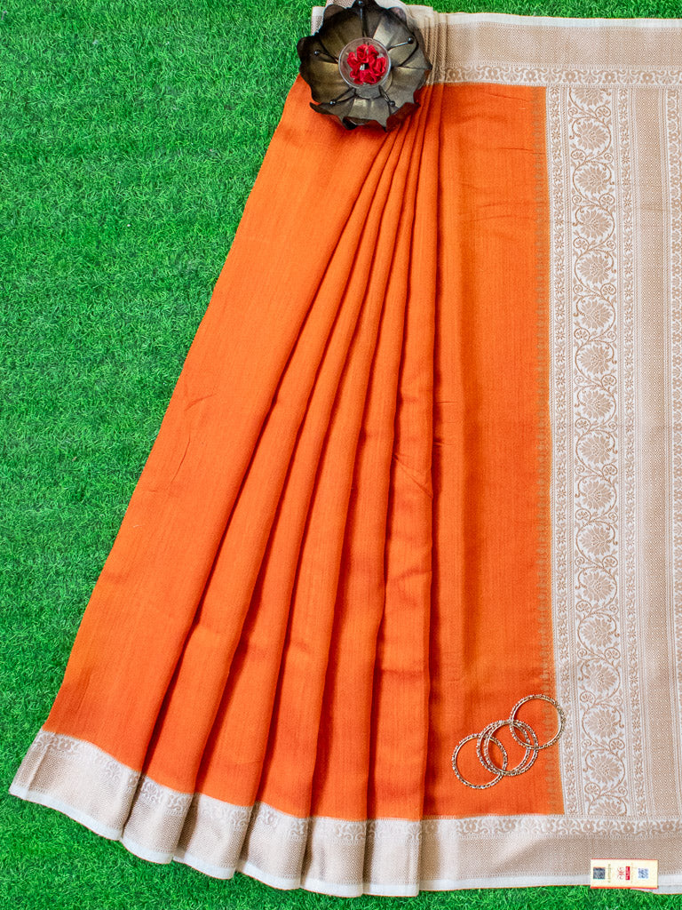 Banarasi Handwoven Pure Muga Silk Saree With Antique Resham Border-Orange