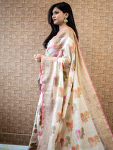 Banarasi Cotton Silk Saree With Resham & Meena Weaving Skirt Border-Beige