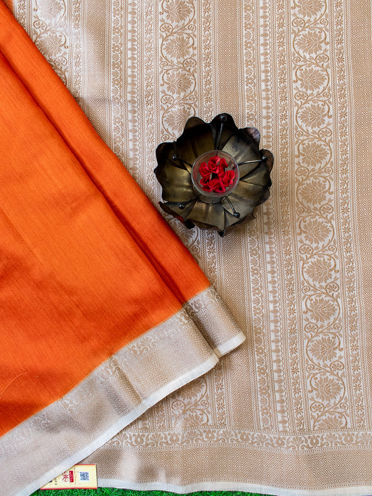 Banarasi Handwoven Pure Muga Silk Saree With Antique Resham Border-Orange