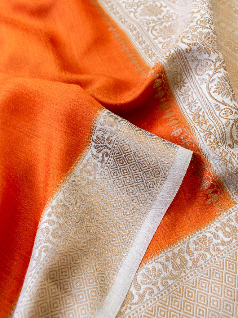 Banarasi Handwoven Pure Muga Silk Saree With Antique Resham Border-Orange