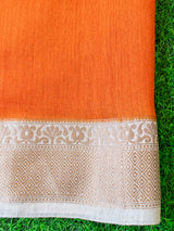 Banarasi Handwoven Pure Muga Silk Saree With Antique Resham Border-Orange