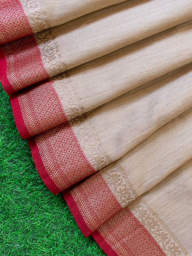 Banarasi Handwoven Pure Muga Silk Saree With Antique Resham Border-Beige & Red