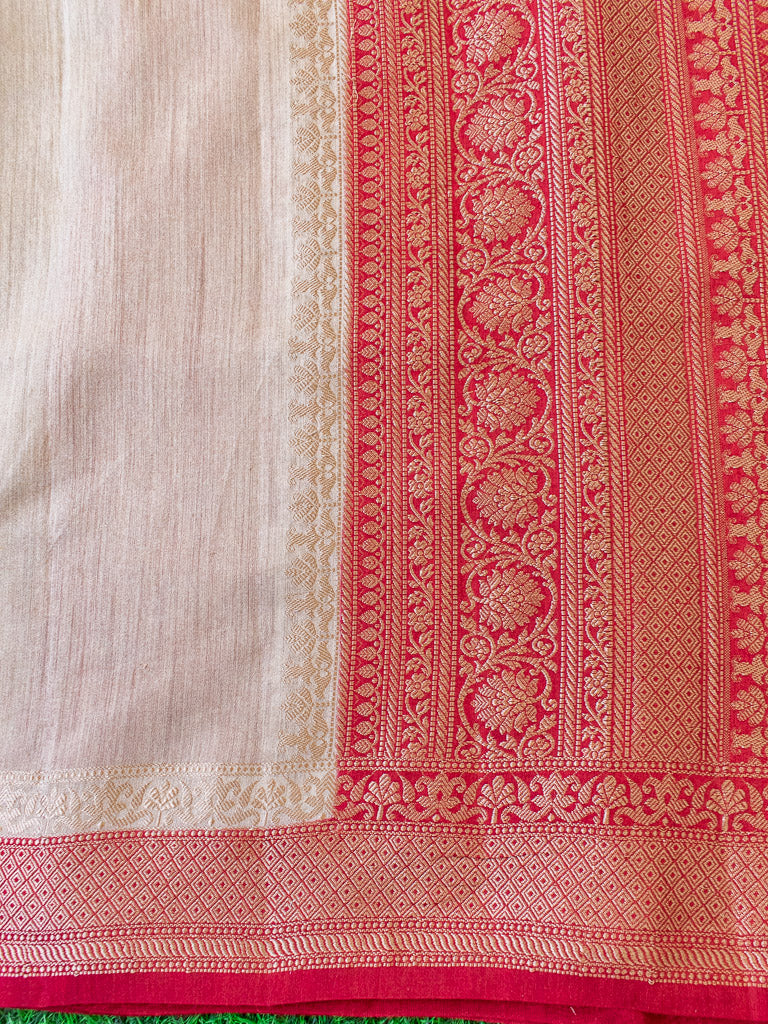 Banarasi Handwoven Pure Muga Silk Saree With Antique Resham Border-Beige & Red