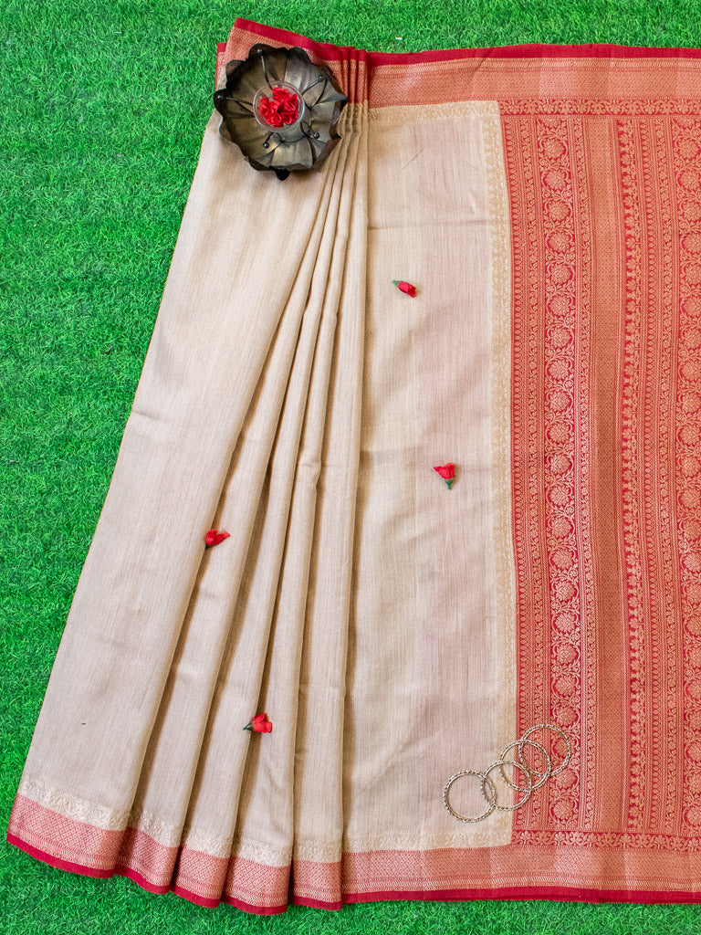 Banarasi Handwoven Pure Muga Silk Saree With Antique Resham Border-Beige & Red